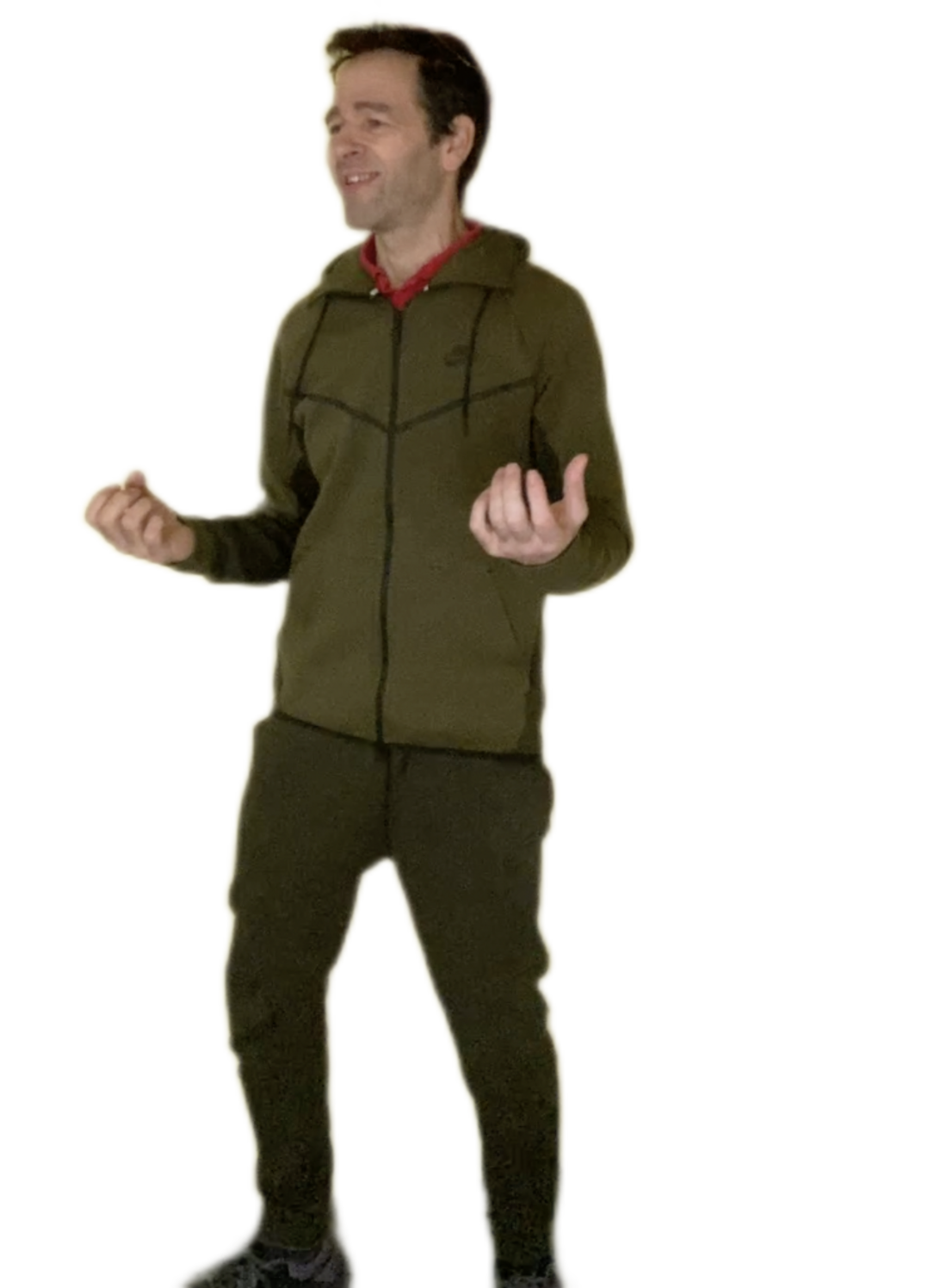 man in track suit gesturing